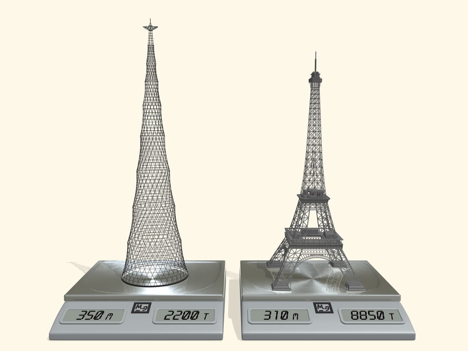 Сравнение Эйфелевой башни с проектом Шухова